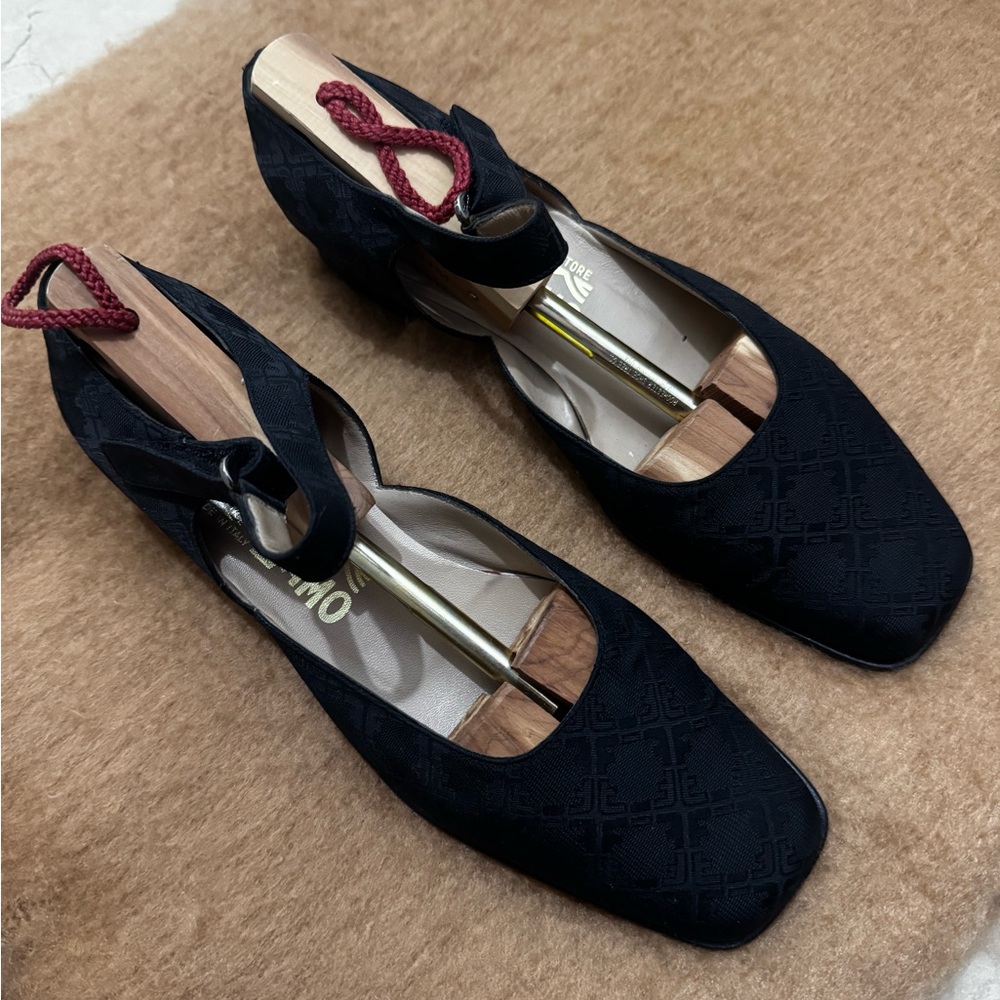 Salvatore Ferragamo Adra Black Fabric Block Heels | 7.5 B | Italian